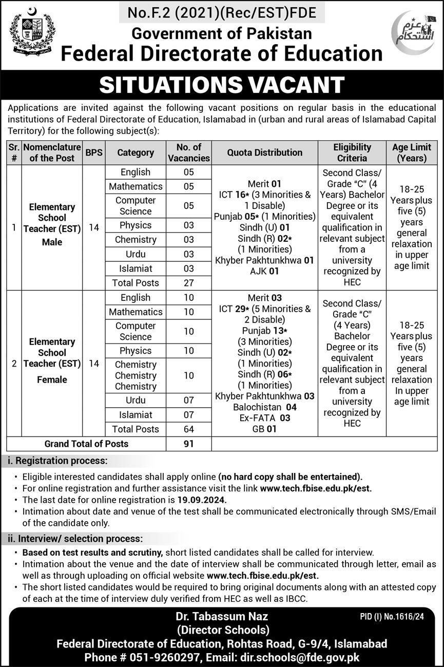 Federal Directorate Of Education FDE Islamabad Jobs 2024