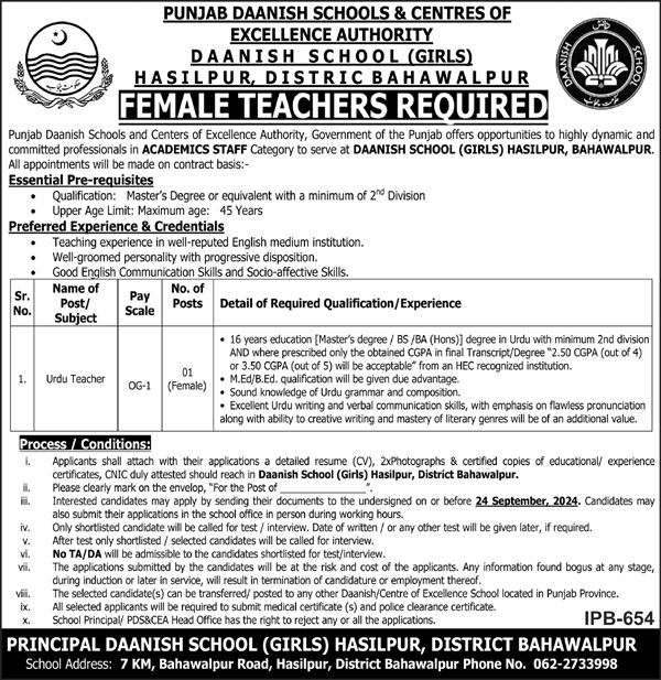 Punjab Daanish Schools & Center Of Excellence Authority Jobs 2024