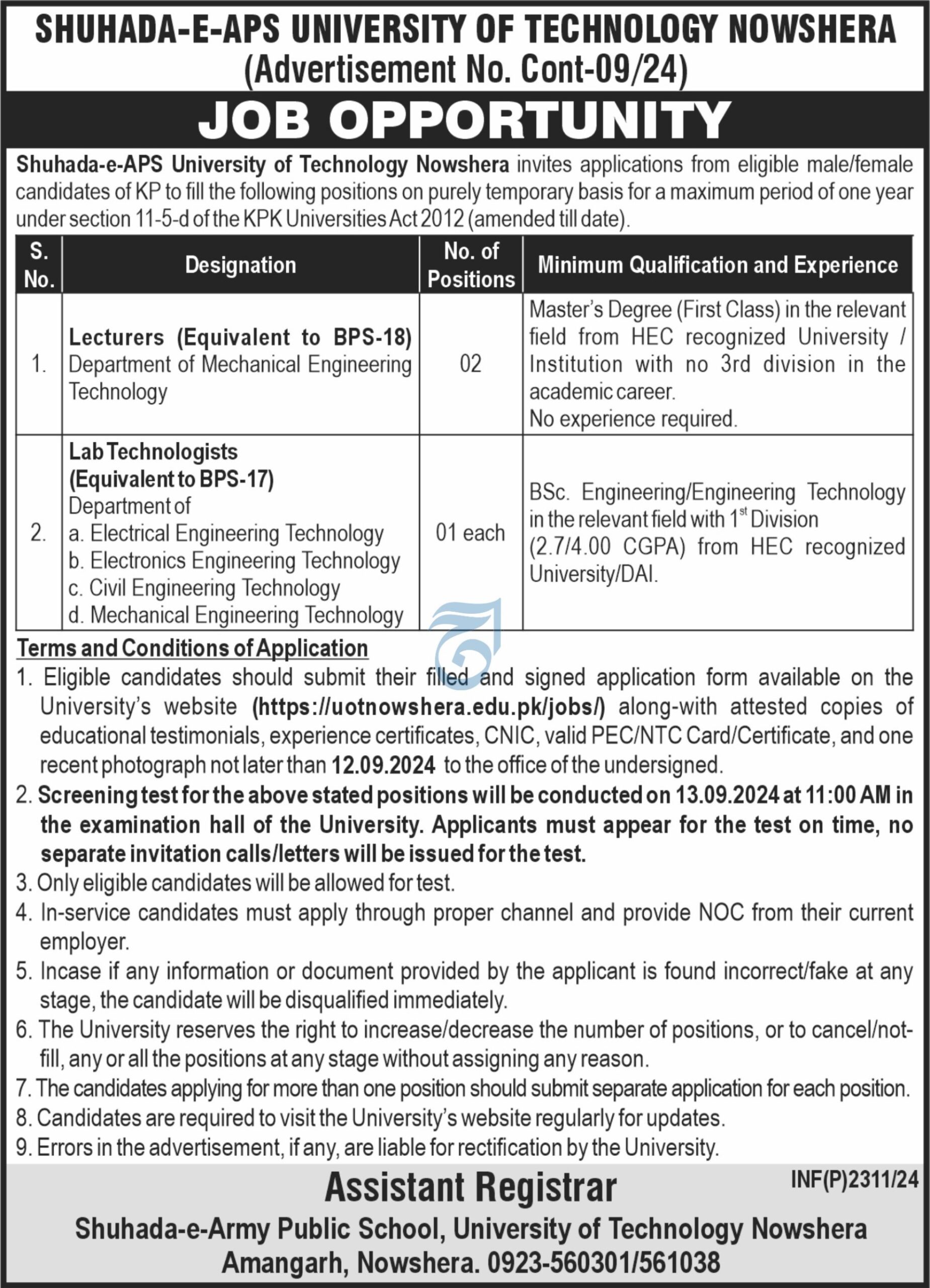 Shuhada-E-APS University Of Technology Nowshera Jobs Notice 2024