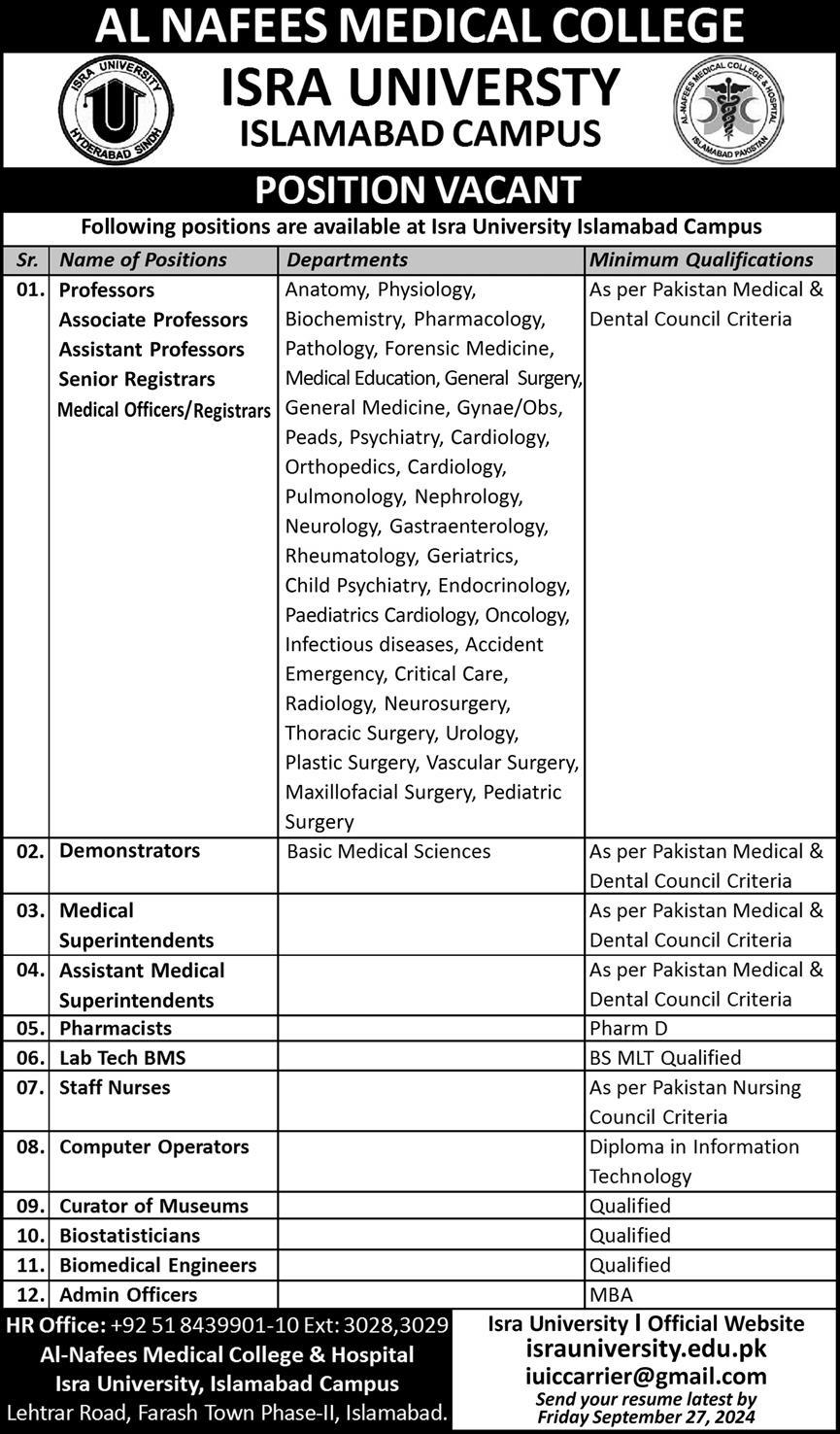 ISRA University Islamabad Jobs Notice 2024