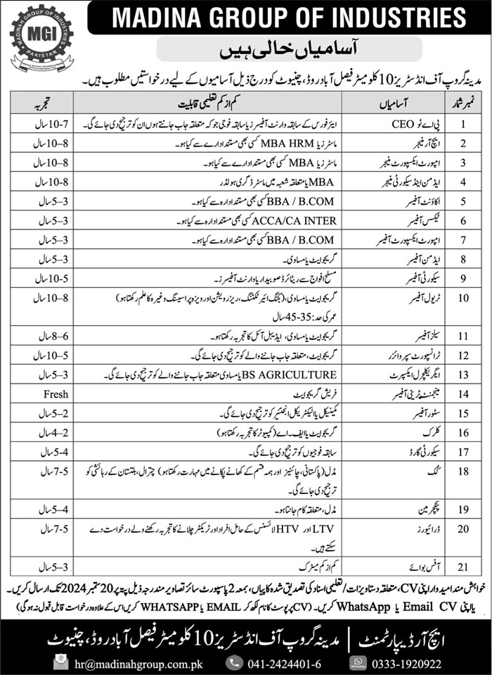 Madina Group of Industries Chiniot Jobs Notice 2024