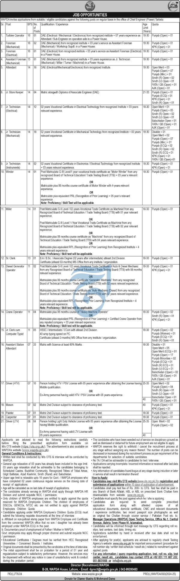 WAPDA Lahore ( BPS-06 TO BPS-16 ) Jobs Recruitment Notice 2024