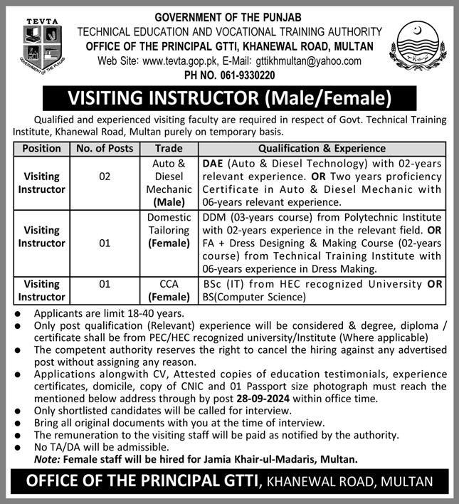 Advertisement TEVTA Multan Visiting Instructor Jobs Notice September 2024