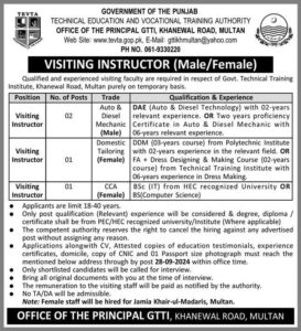 TEVTA Multan Visiting Instructor Jobs Notice September 2024