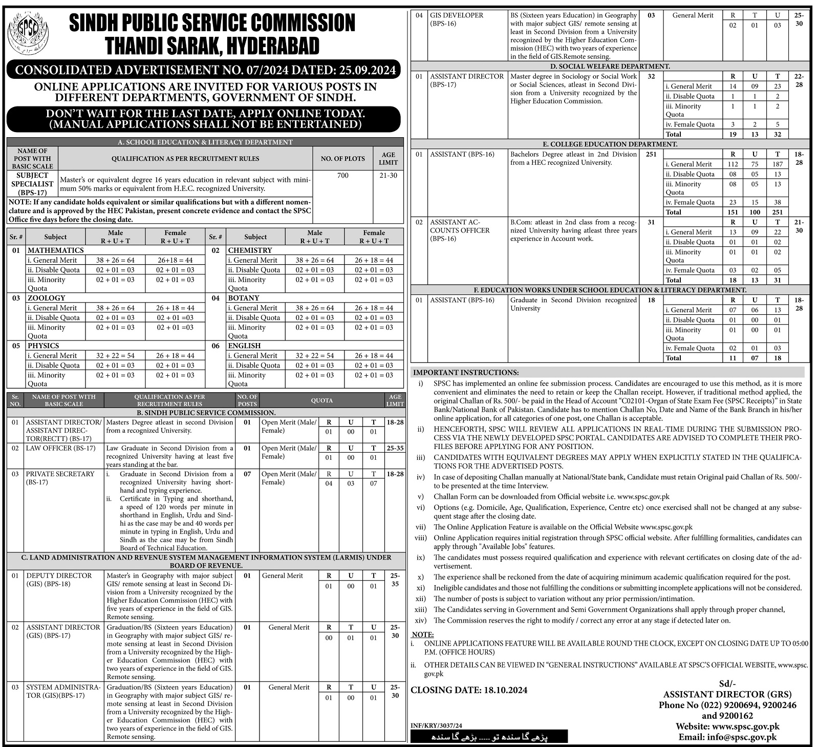 Advertisement Subject Specialist BPS-17 Jobs 2024