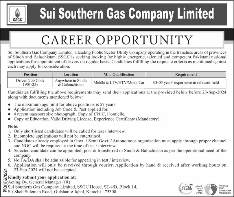 SSGC Karachi Career Opportunities Notice 2024