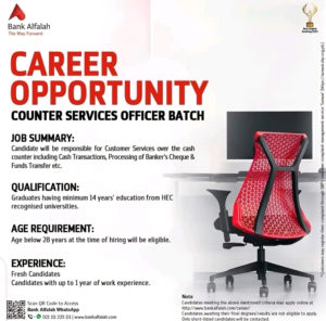 Bank Alfalah Counter Services Officer Jobs Notice 2024 