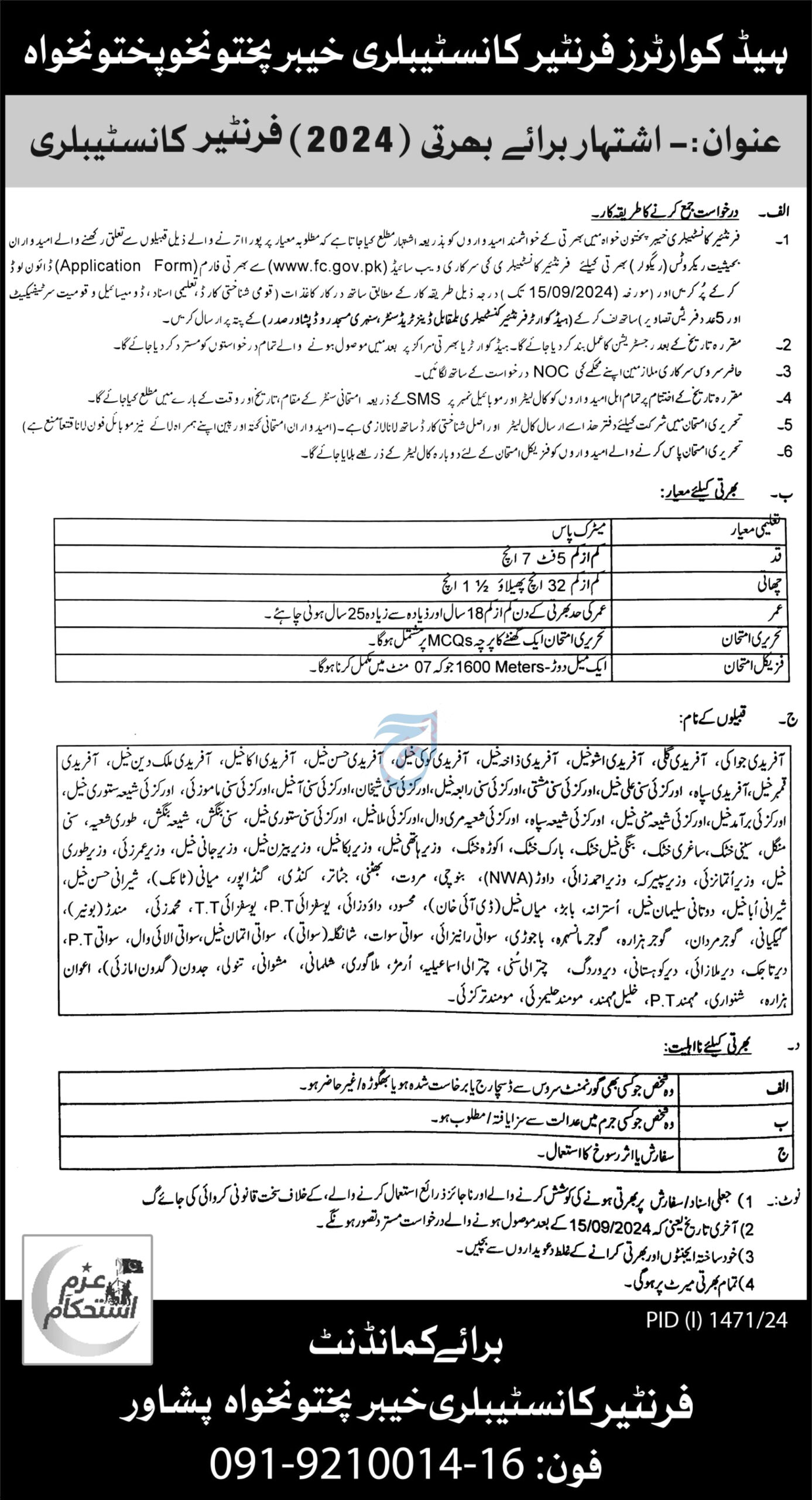 Frontier Constabulary FC KPK Latest Jobs Notice September 2024