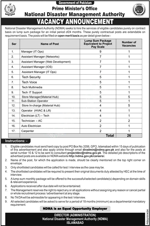 National Disaster Management Authority NDMA Islamabad Jobs 2024