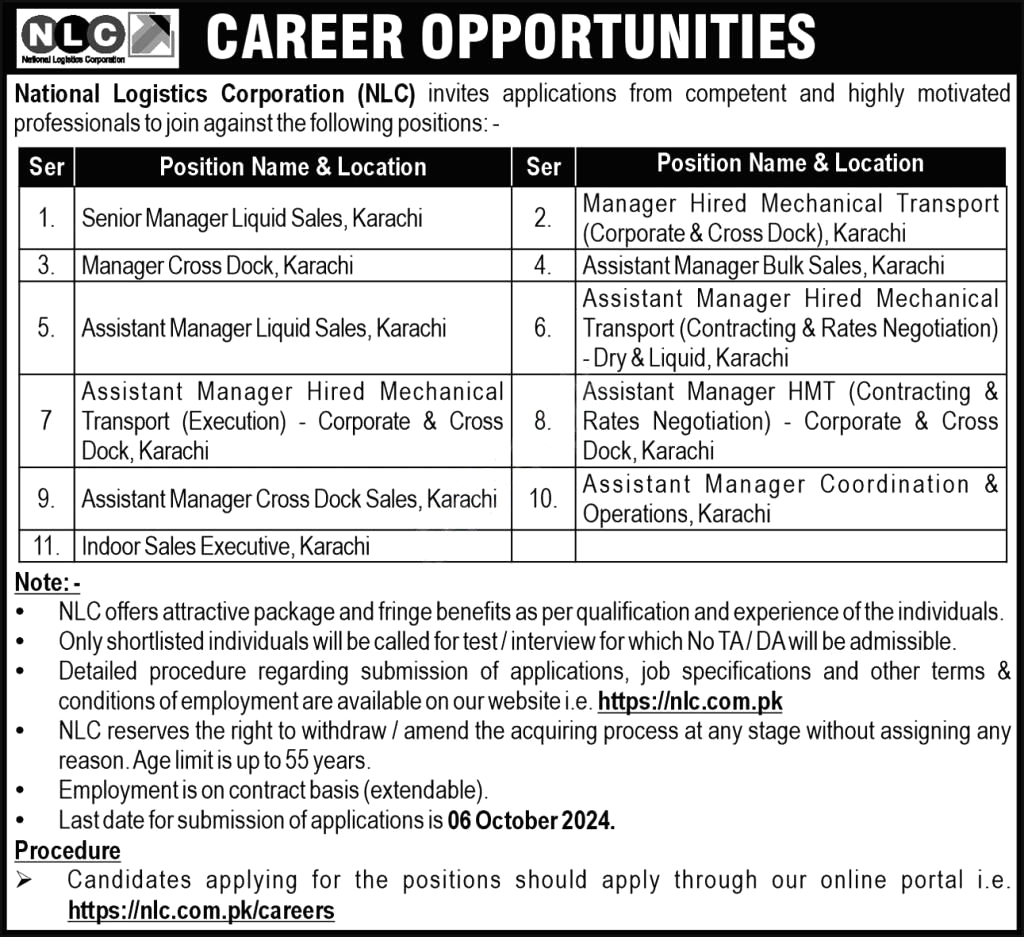 National Logistics Corporation NLC Karachi Jobs Announcement 2024