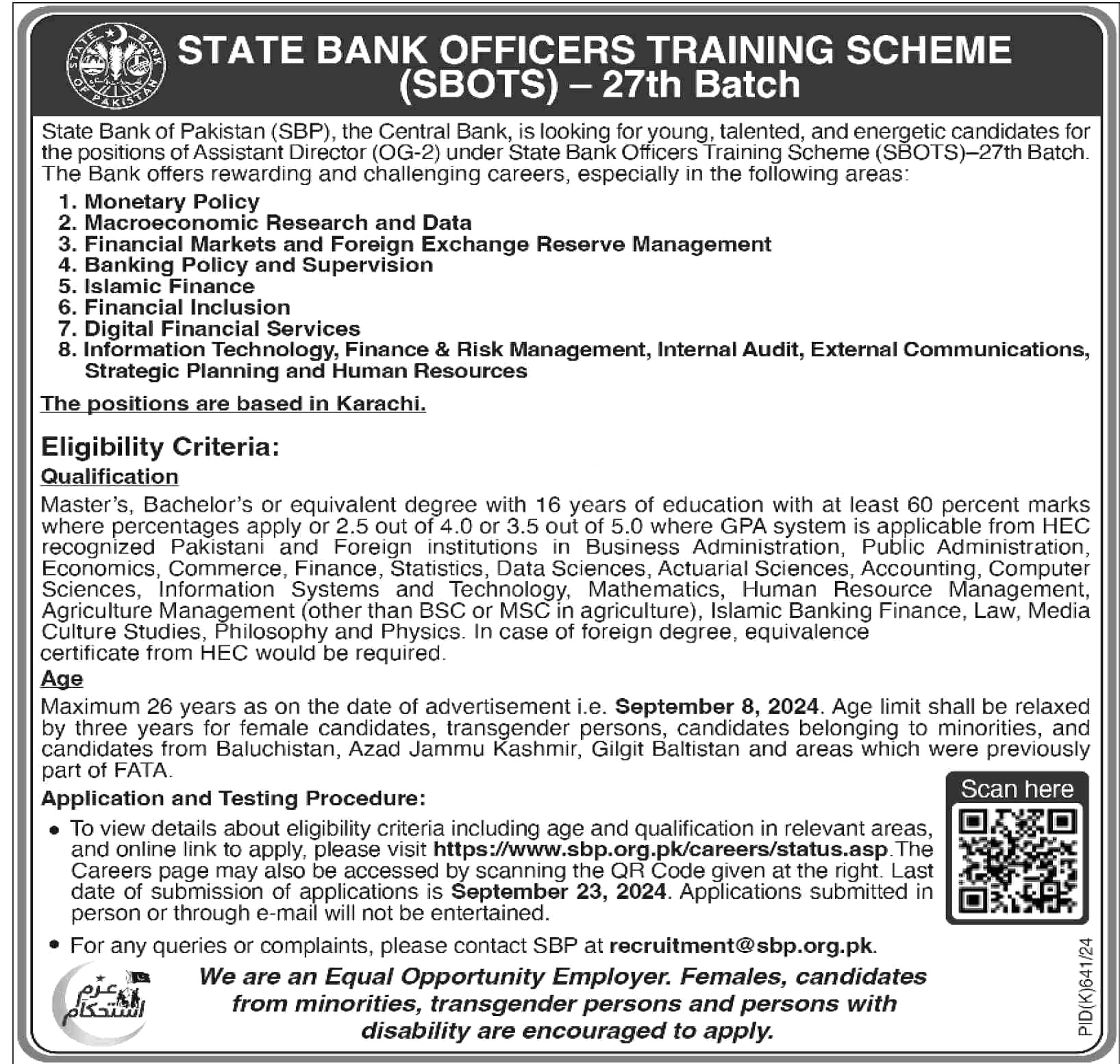 State Bank of Pakistan SBP Karachi Jobs Notice 2024