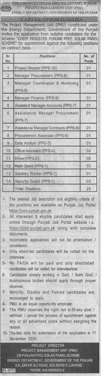 Energy Department Lahore Vacancies Notice 2024