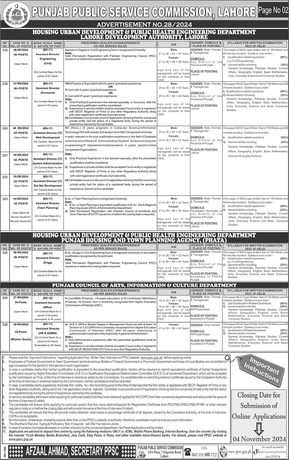 Advertisement PPSC Lahore Jobs Notification Oct 2024