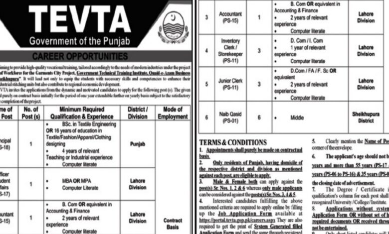 Technical Education & Vocational Training Authority TEVTA Lahore Jobs 2024