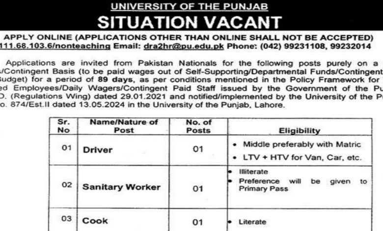 University Of The Punjab PU Lahore Jobs Announcement 2024