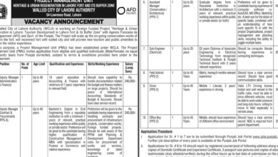 Walled City Of Lahore Authority Latest Employment Opportunities 2024