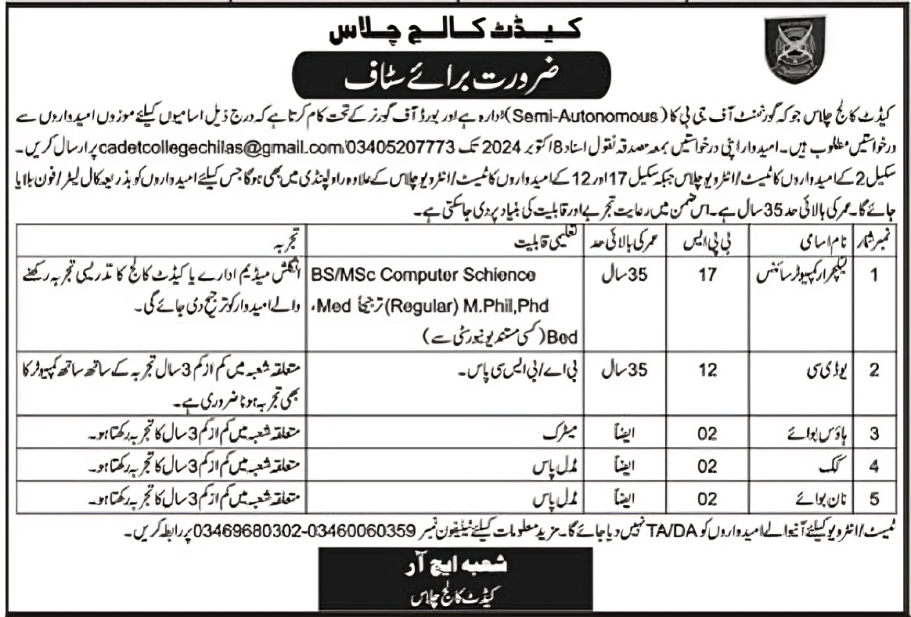 Cadet College Teaching & Non Teaching Staff Jobs Announcement