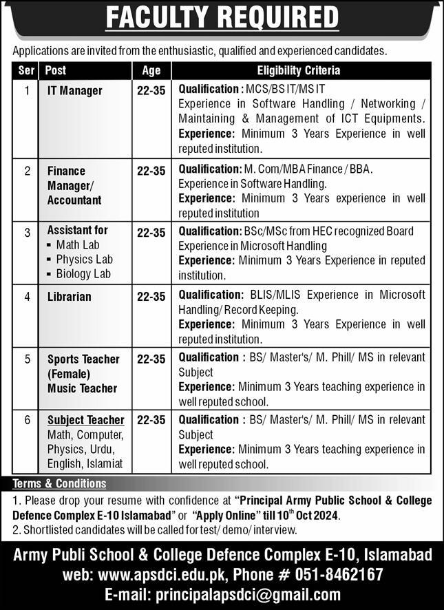 Army Public School & College APS&C Islamabad Jobs 2024