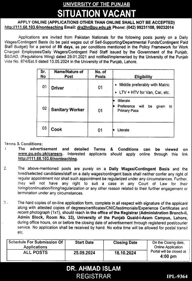 University Of The Punjab PU Lahore Jobs Announcement 2024