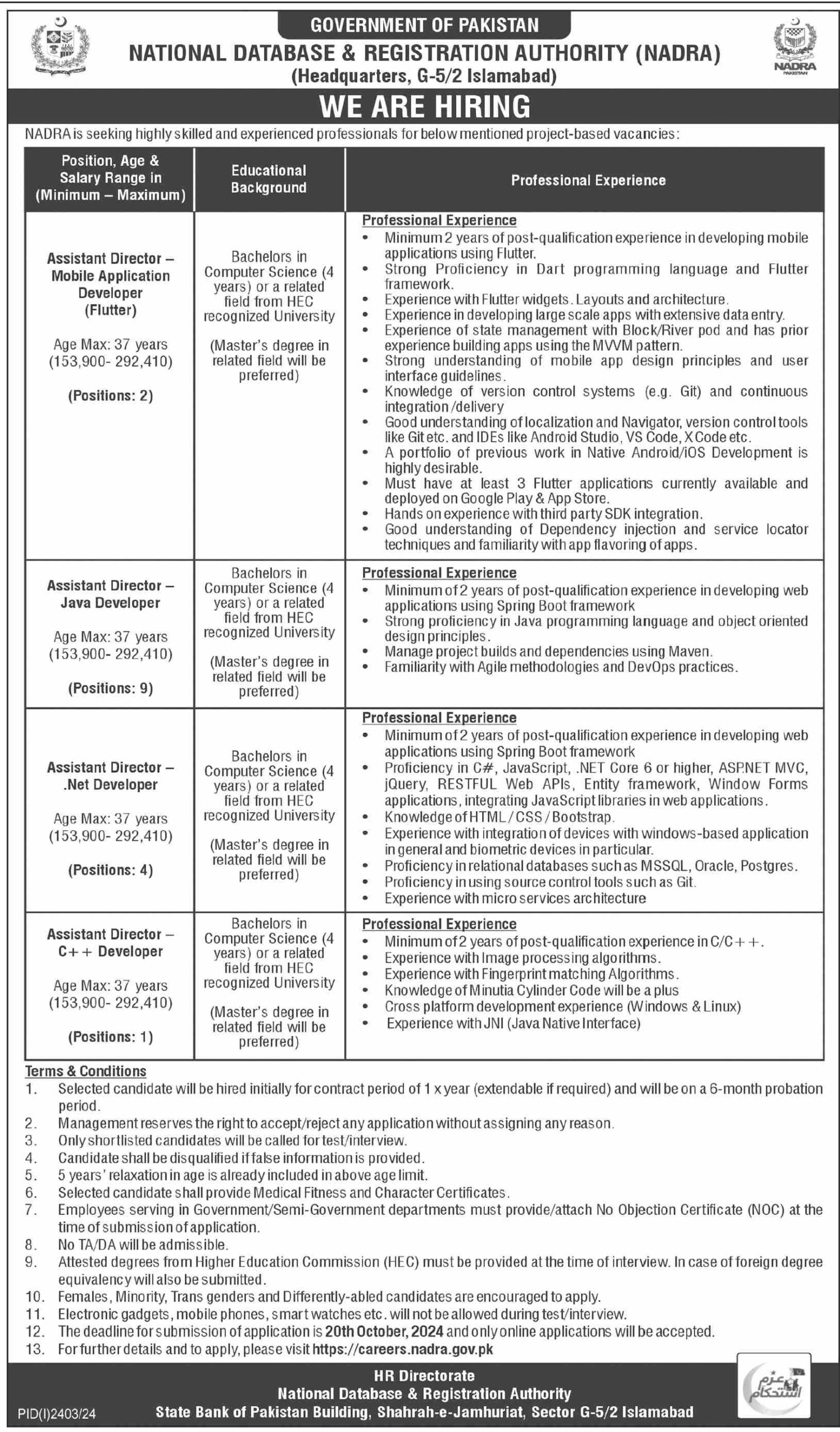 National Database & Registration Authority NADRA Islamabad Jobs 2024