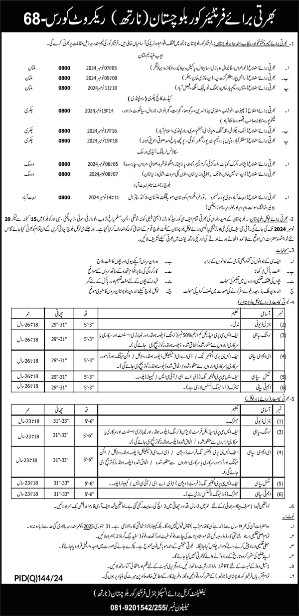 Frontier Corps FC Balochistan Latest Recruitment Notice October 2024