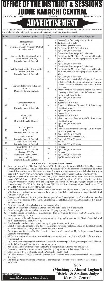 District & Session Court Karachi Latest Jobs Advertisement 2024