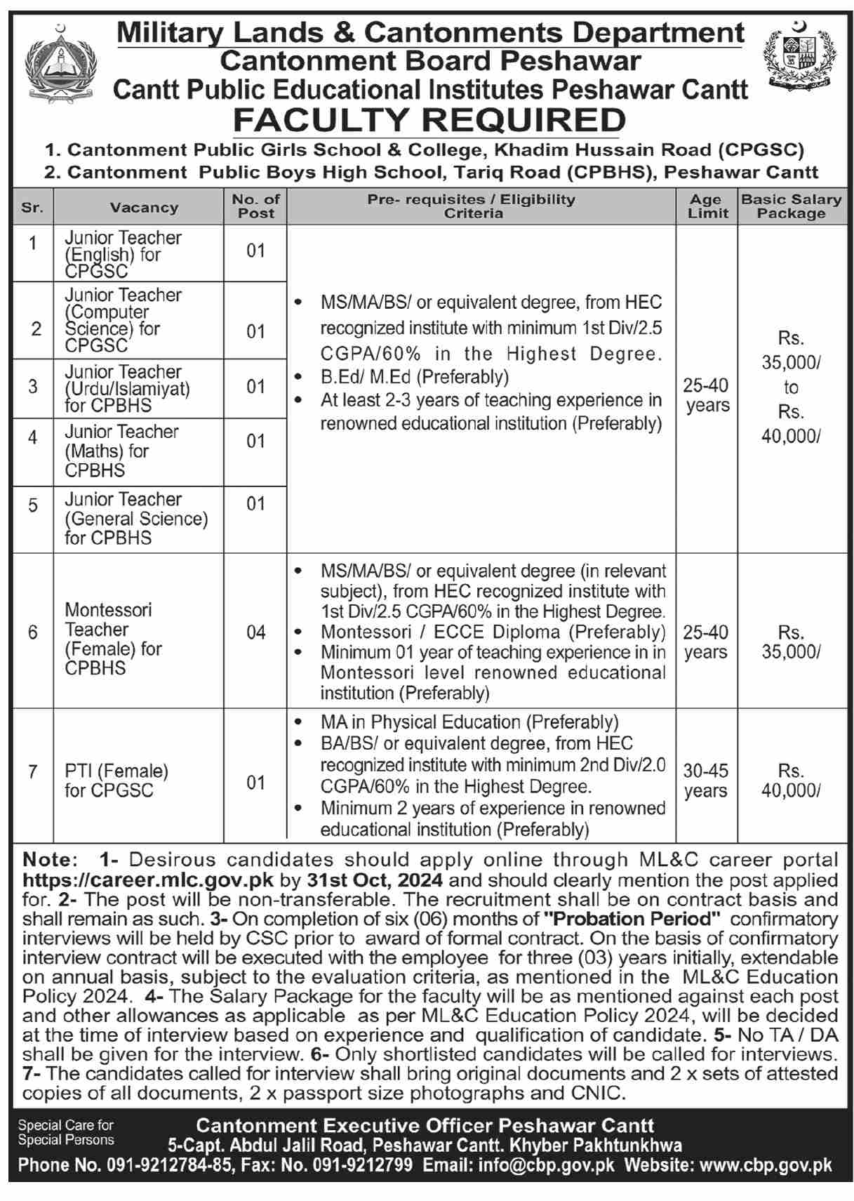 Junior Teachers Jobs In Cantt Public Educational Institution 2024