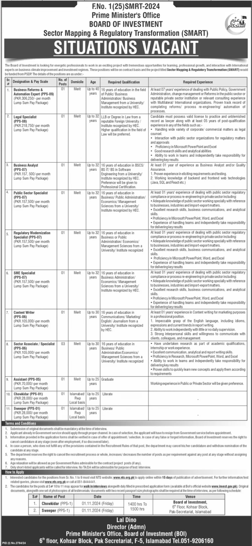 Prime Minister Office Vacancies Oct-2024