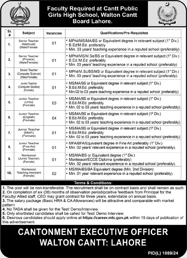 Senior & Junior Teachers Vacancies Notification Oct-24