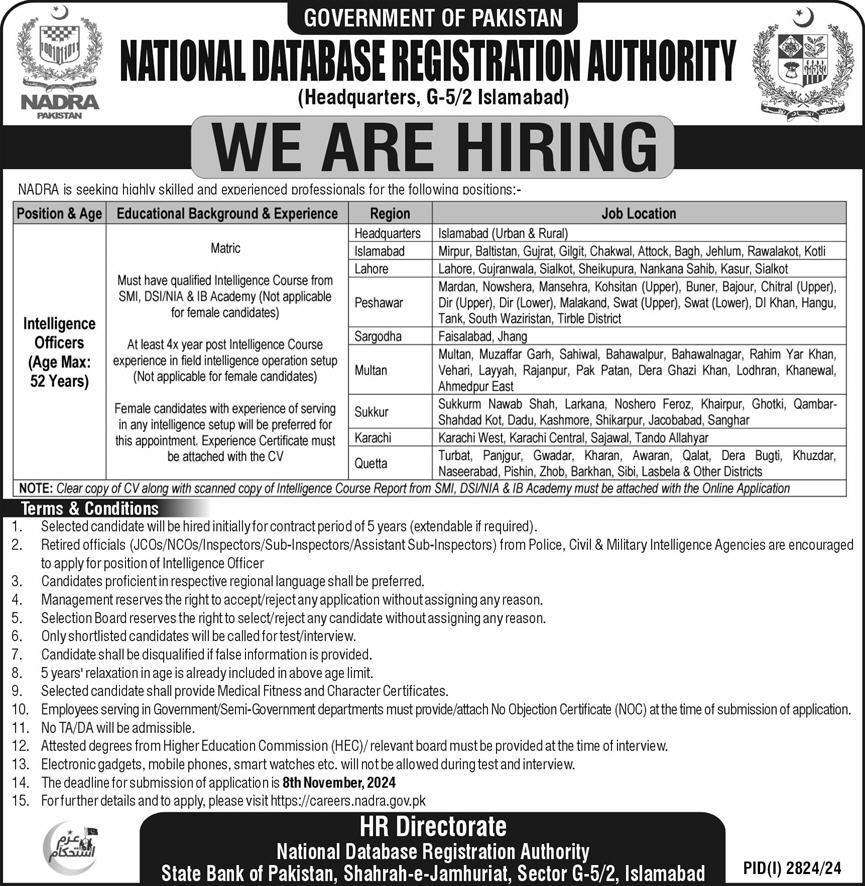 NADRA Intelligence Officer Jobs Notification Out Oct-24