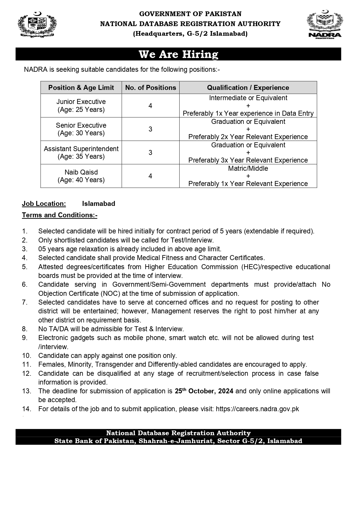 NADRA Islamabad Jobs 2024