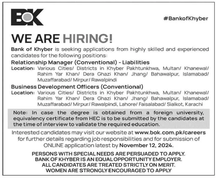 Bank of Khyber BOK Latest Vacancies Notification 2024