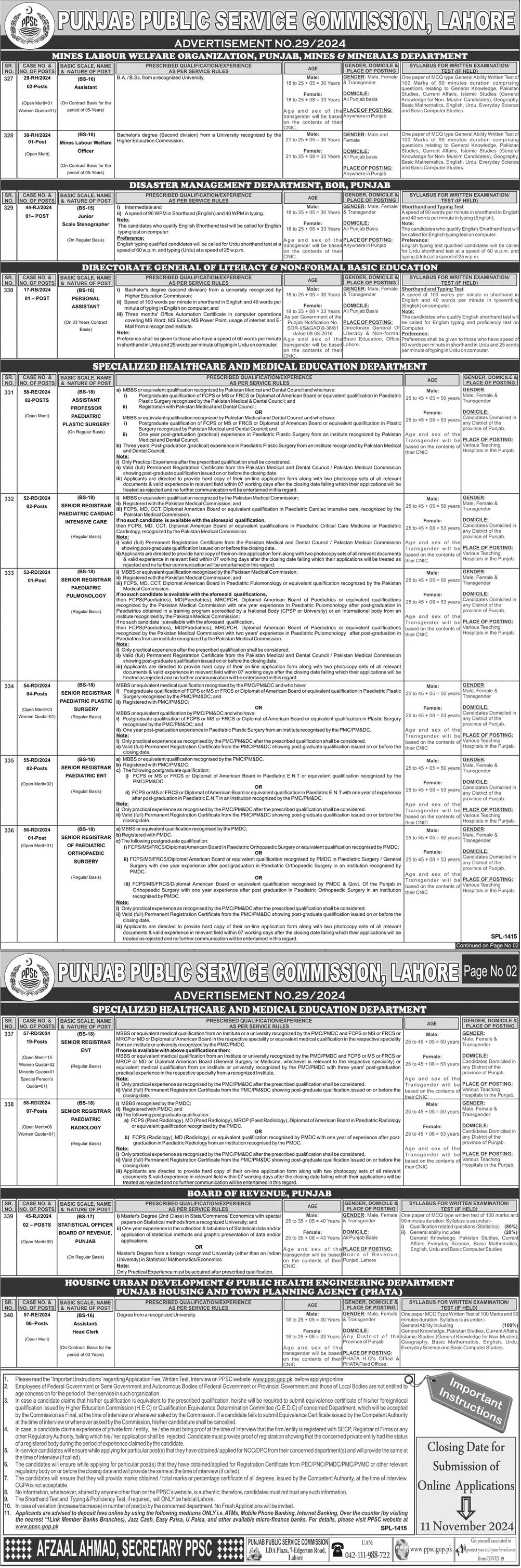 PPSC Lahore Jobs Notification Out