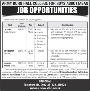 Army Burn Hall College for Boys Abbottabad Vacancies Notification Out