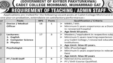 Cadet College Peshawar Jobs Notification 2024