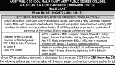 Army Public School Lecturer Jobs Notification November 2024