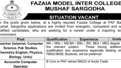 Fazaia Model Inter College Sargodha Vacancies Notice 2024