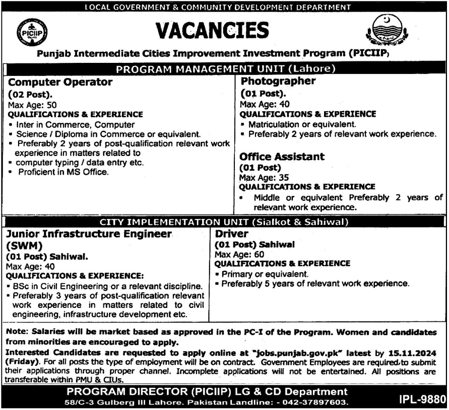 PICIIP Lahore Latest Vacancies Notice November 2024