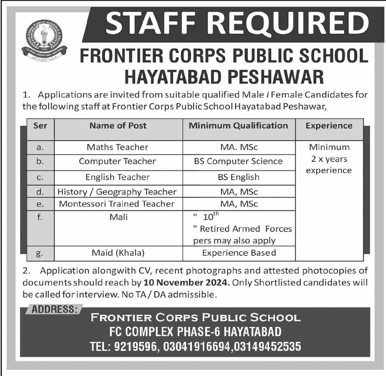 Frontier Corps Public School Latest Vacancies Notification 2024