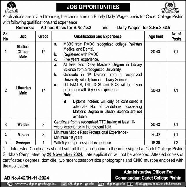 Cadet College Vacancies Notification 2024