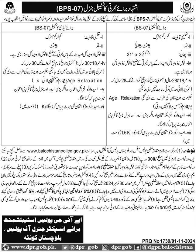 Balochistan Police Jobs Notification Out 2024