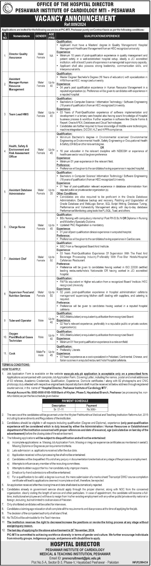 Peshawar Institute of Cardiology PIC Latest Recruitment Notice 2024