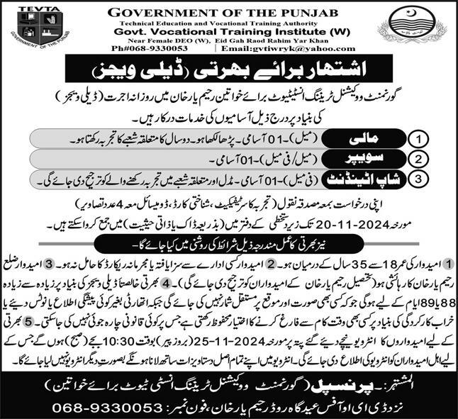 Govt Vocational Training Institute For Women Rahim Yar Khan Vacancies Notice 2024