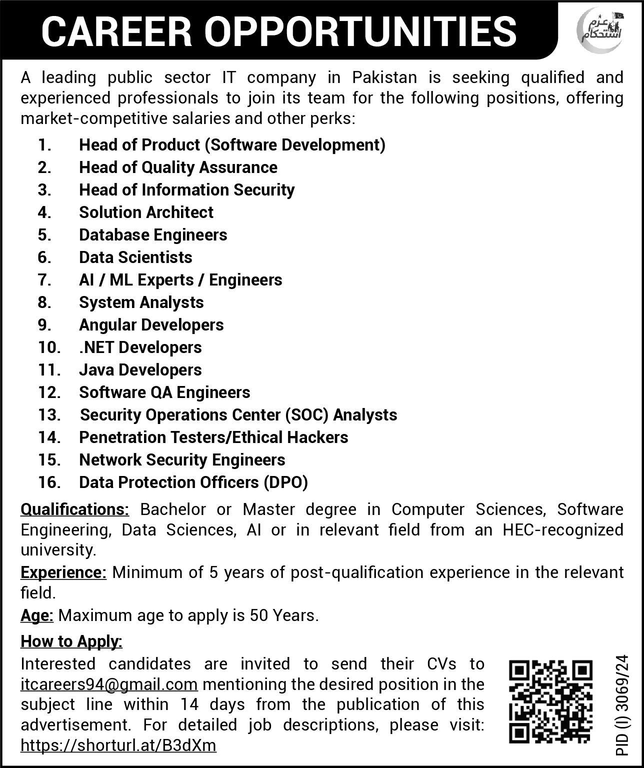 Public Sector IT Company Islamabad Vacancies Notice 2024