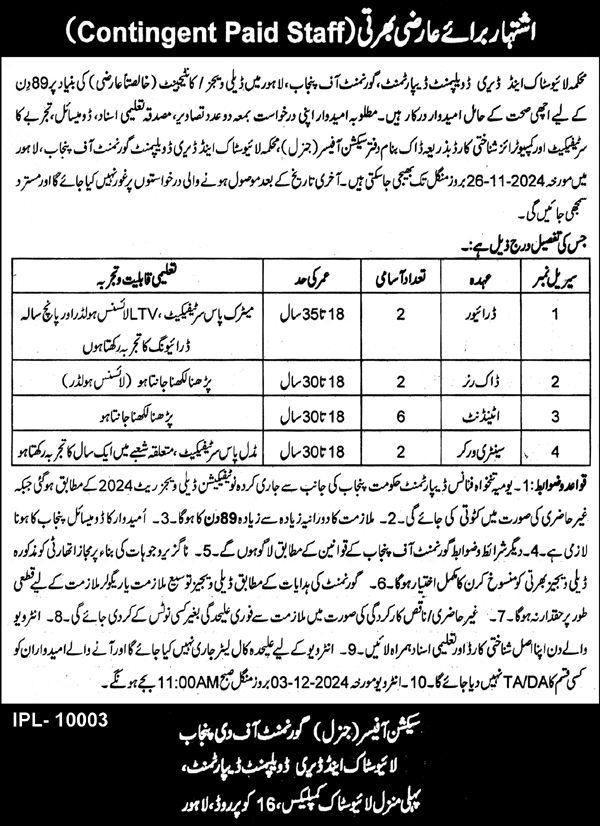 Live Stock & Dairy Development Lahore Recruitment Notice 2024