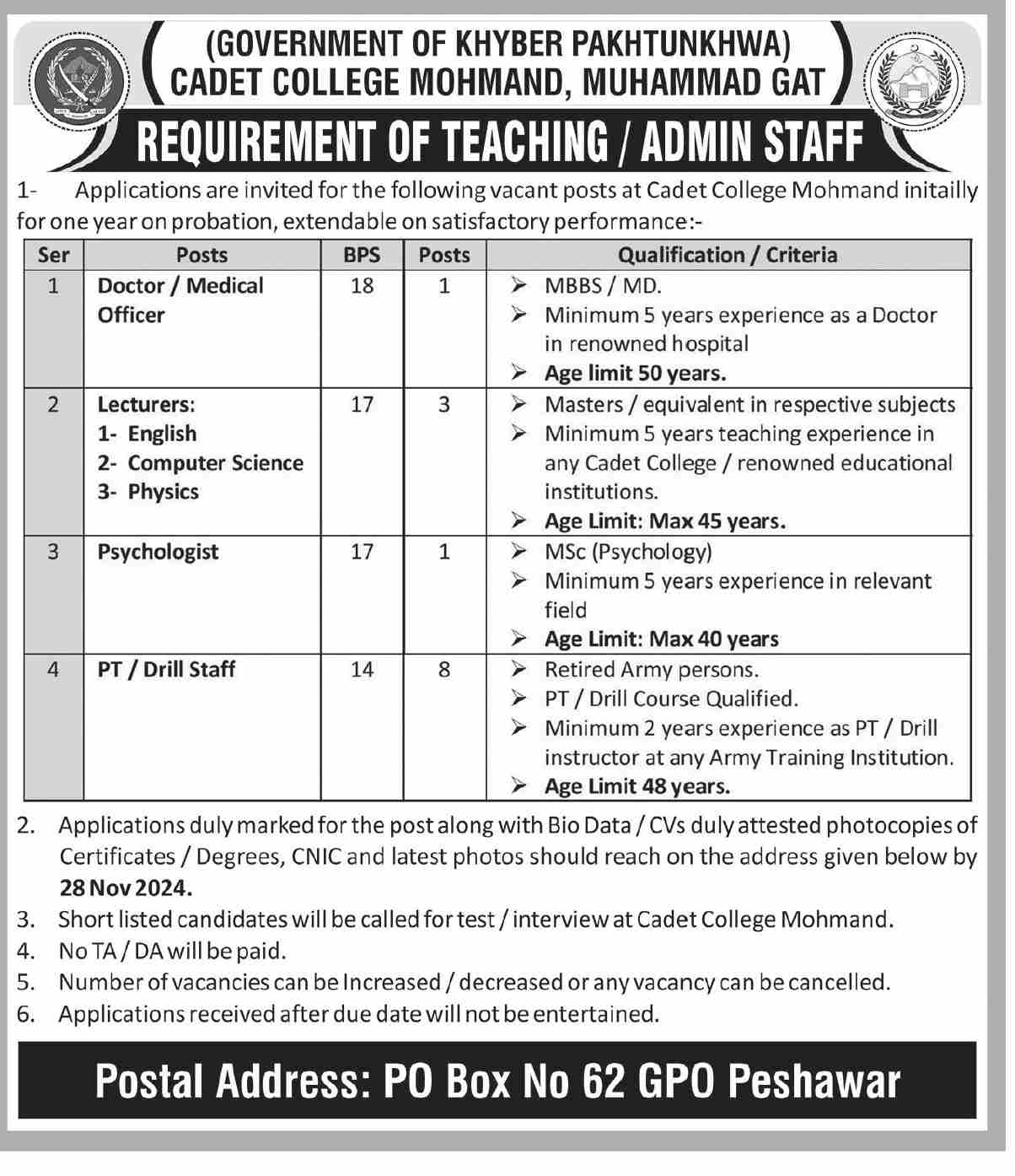 Cadet College Peshawar Jobs Notification 2024