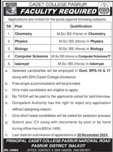 Cadet College Pasrur Teaching Jobs 2024