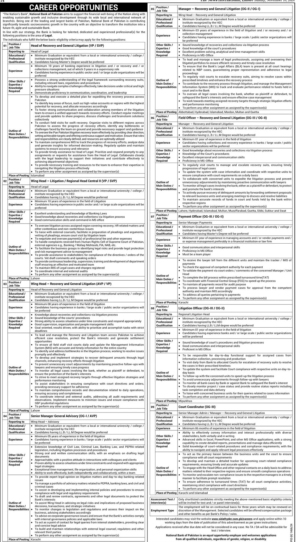 National Bank of Pakistan NBP Karachi Jobs Notice 2024