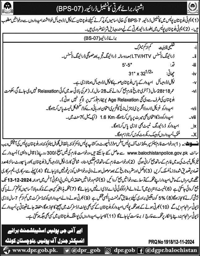 Balochistan Police Jobs Notice November 2024