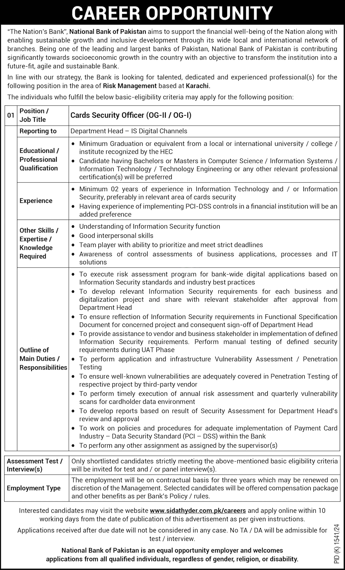 National Bank of Pakistan NBP Karachi Jobs Notice 2024